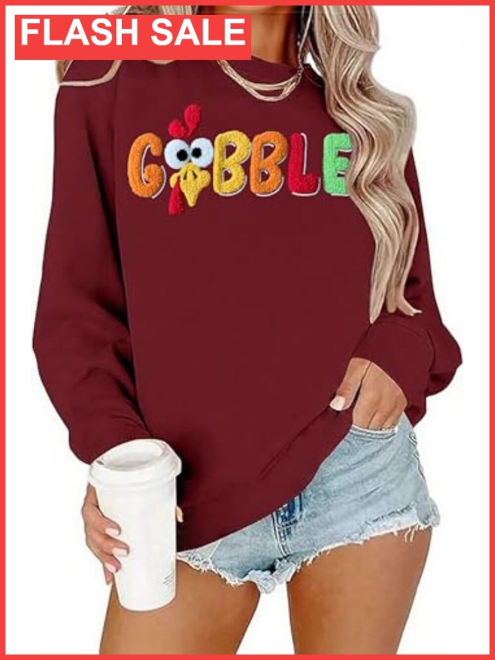 Thanksgiving Sweatshirt Womens Gobble Turkey Chenille Patch Embroidered Pullover